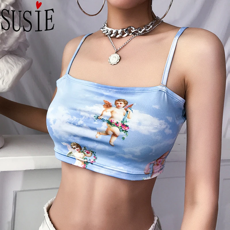 New Angel Baby Tank Top Backless Cute Cartoon Print Cropped Party Women Clothes Sleeveless Tees Summer Sexy Tops Streetwear | Женская