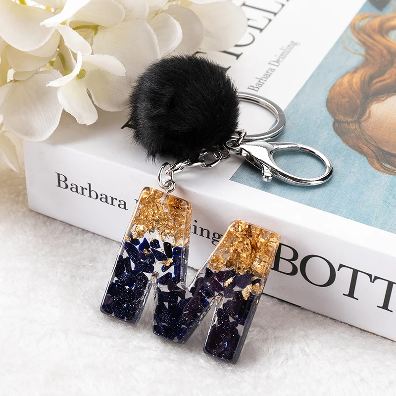 1Pc Black Pompom Letter Keychain English Alphabet Keyring Glitter Gradient  Resin Car Mirror Accessory Women Handbag Charms