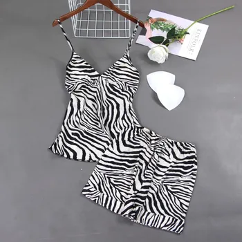 

Pyjamas Women Summer Shorts Sexy Nightwear Two-piece Women Satin Pajamas Set Suit Silk Home Lace Chest Pad