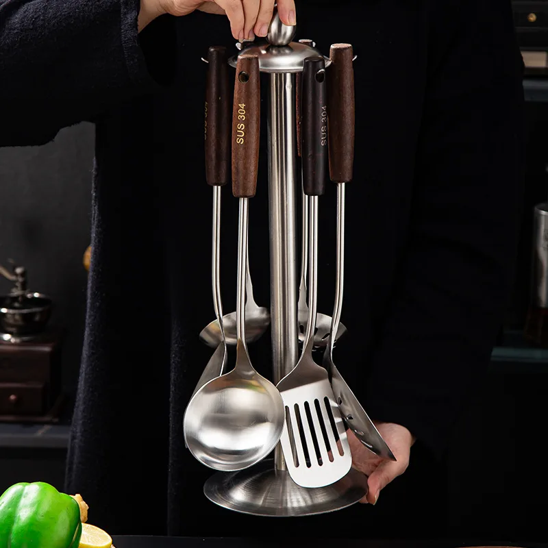 Stainless Steel Spatula Kitchenware Sets Anti-Scalding Wooden Handle Soup Spoon Colander Frying Shovel Kitchen Cooking Utensils