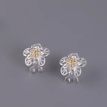 

FNJ Hollow Flower Earrings 925 Silver Original Pure S925 Sterling Silver Stud Earring Women Jewelry Gold-color
