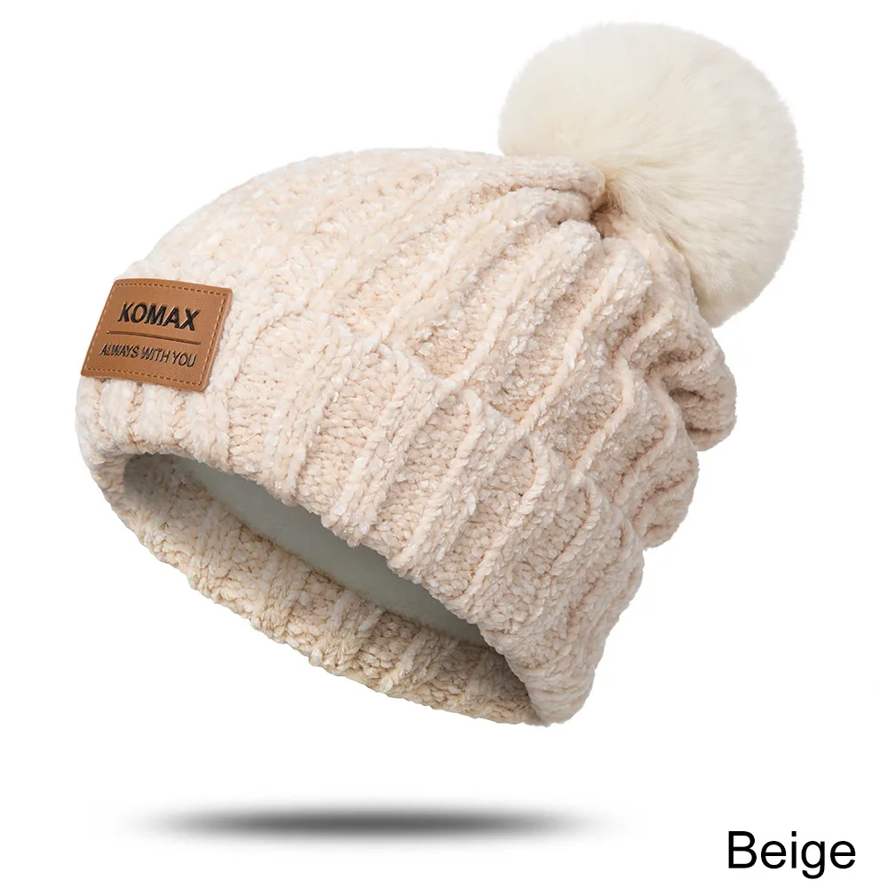 Evrfelan модная зимняя женская шапка с помпоном, теплая плотная зимняя шапка, женская вязаная шапка Skullies, бархатная шапка - Цвет: beige