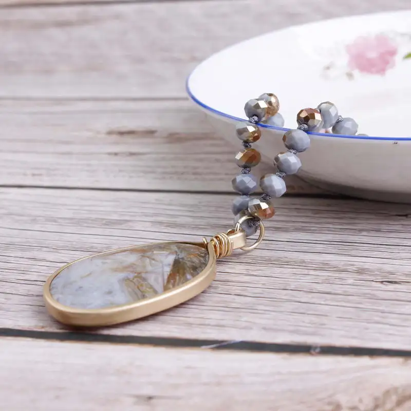 N5521 ZWPON Faceted Glass Beaded Knot Gold Filled Natural Stone Pendant Necklace for Women Long Beads Statement Necklace Jewelry