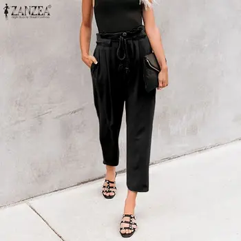 

ZANZEA Women Elegant Solid Pants High Elastic Waist Ruffles Long Trousers Casual Loose Pockets Bottoms Streetwear Plus Size 5XL