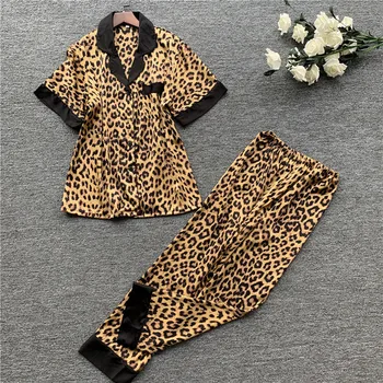 

2019 Summer Women Pajamas Sets With Pants Silk Homewear Satin Leopard Print Sexy Pijama Short Sleeve Long Trousers #T1G