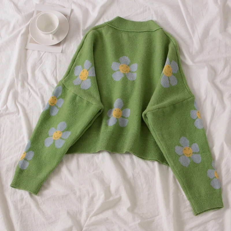 

NCLAGEN Floral Print Cardigans Women Long Sleeve Knitted Tops 2020 Spring Fall Thick Sweater Crop Tops Streetwear Casual Outwear