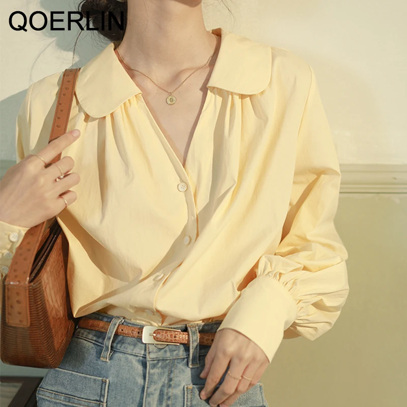 QOERLIN Girly Turn-Down Collar V-neck Blouses Ladies Lantern Sleeve White Blouse Women Solid Single-Breasted Tops Shirts Yellow