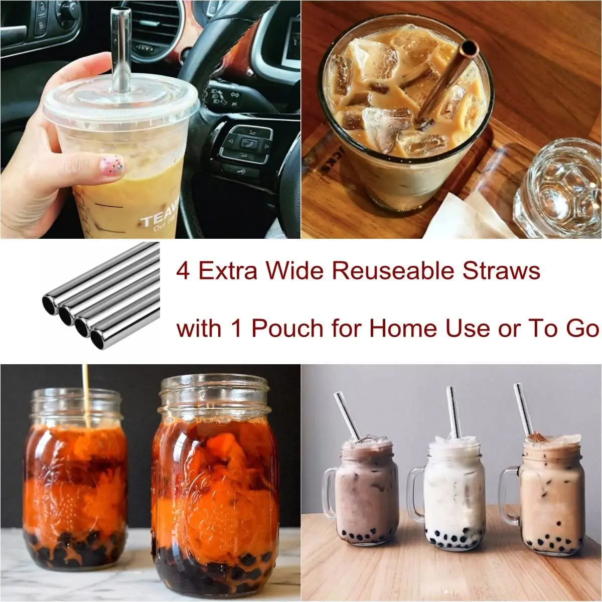 Metal Straws 4Pcs 304 Stainless Steel Extra Wide Reusable For Milkshake Smoothie Bar Beverage