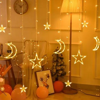 Led Star Moon Icicle Lampen Gordijn Decoratie 3.5M Fairy String Light Garland Kerstvakantie Home Nieuwjaar Wedding Eu 220V