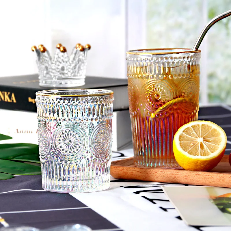 Nordic Vintage Glass Cup Sun Flower Embossed Wine Glasses Milk Coffee Cup Cold Drink Glass 265ml/330ml Transparent Water Cups