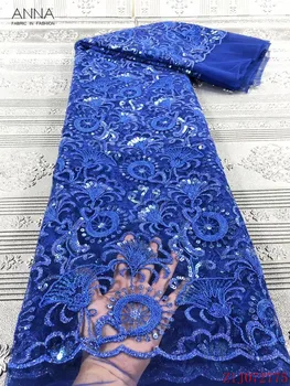 

Anna blue nigerian net lace french sequins fabric 2020 high quality embroidery african laces mesh fabrics 5 yards/pcs for sewing