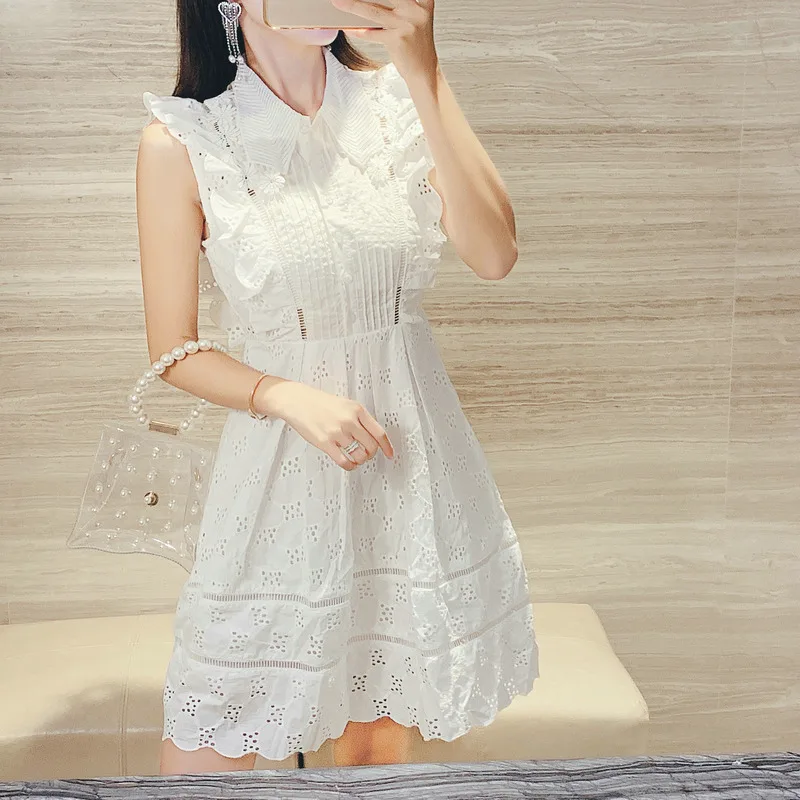 Summer Solid Women Dress Summer Sleeveless High Waist Hollow Out Slim Mini Dresses Female Fashion Elegant New