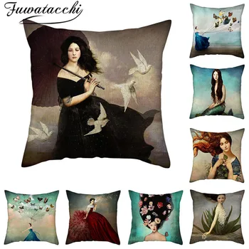 

Fuwatacchi Elegant Girl Cushion Cover Cartoon Pure Linen Pillow Cover for Home Chair Sofa Car Decorative Pillowcases 45x45cm New