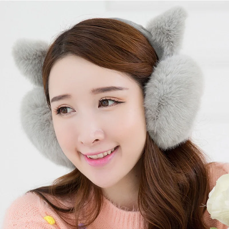 Women`s Winter Warm Plush Cat Earmuffs Girls Cute Soft Cat Ear Solid Color Kawaii Earmuffs