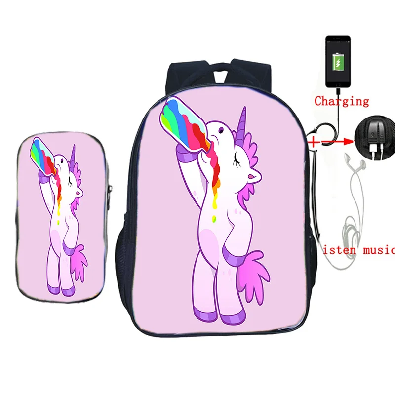 2 шт./компл. Kawaii Единорог школьная сумка USB зарядка мочилы для подростков мальчиков девочек ежедневный рюкзак дорожные сумки