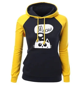 

trend woman casual cartoon cat hooded sweatshirt spring new long sleeve pullover hooded female color block hoodies