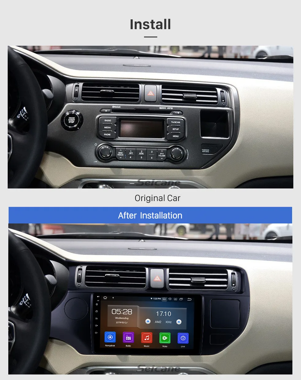 Seicane 4 Гб ОЗУ 64 ПЗУ Android 9,0 gps Navi Автомобильный мультимедийный плеер для Kia Rio 2012 LHD с HD сенсорным экраном Bluetooth Carplay RDS