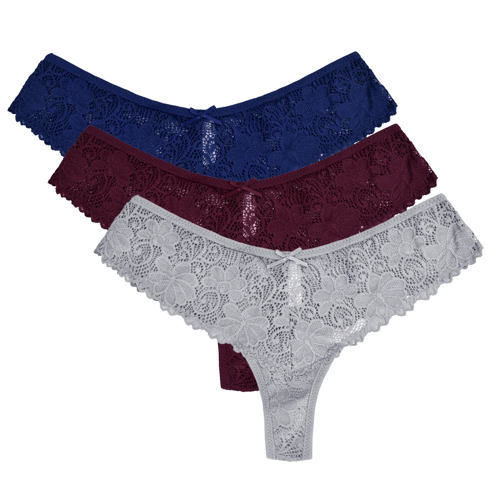 gray blue wine red LITTHING 3 шт., новинка, сексуальные черные женские трусики, сексуальные кружевные V-string трусы, трусики, стринги, нижнее белье, женское нижнее белье - Цвет: gray blue wine red
