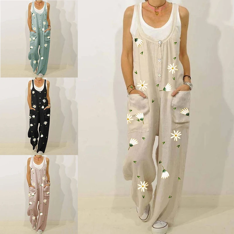 

Summer Women Jumpsuits Floral Print Bib Overall Sleeveless Backless Knotted Jumpsuit Dungarees Sleeveless Romper Overalls