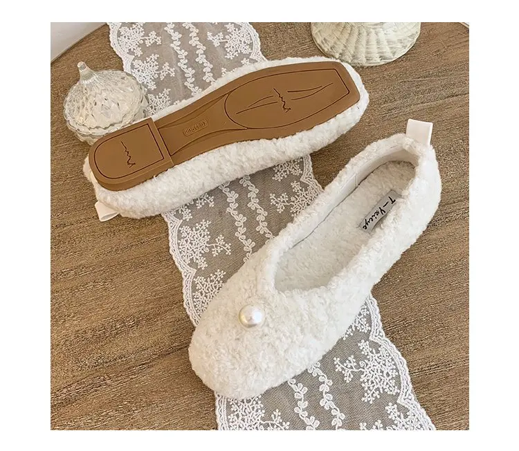 EOEODOIT Autumn Winter Hot Sale Curly Woolen Shoes With Pearl Square Toe Slip On Shallow Mouth Women Daily Flats