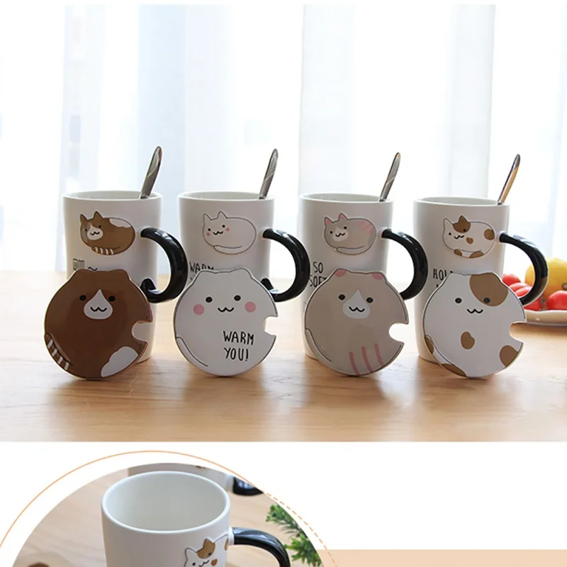 Чашка с милым мультяшным рисунком, лаконичные керамические кружки для воды, кофе, майка, Офисная чашка с крышкой и ложкой