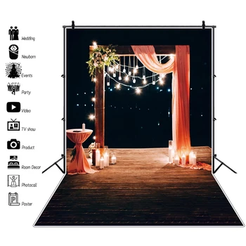 

Laeacco Wedding Stage Curtain Bulb Light Candle Wooden Floor Bridal Party Kid Night Scenic Photo Background Photography Backdrop