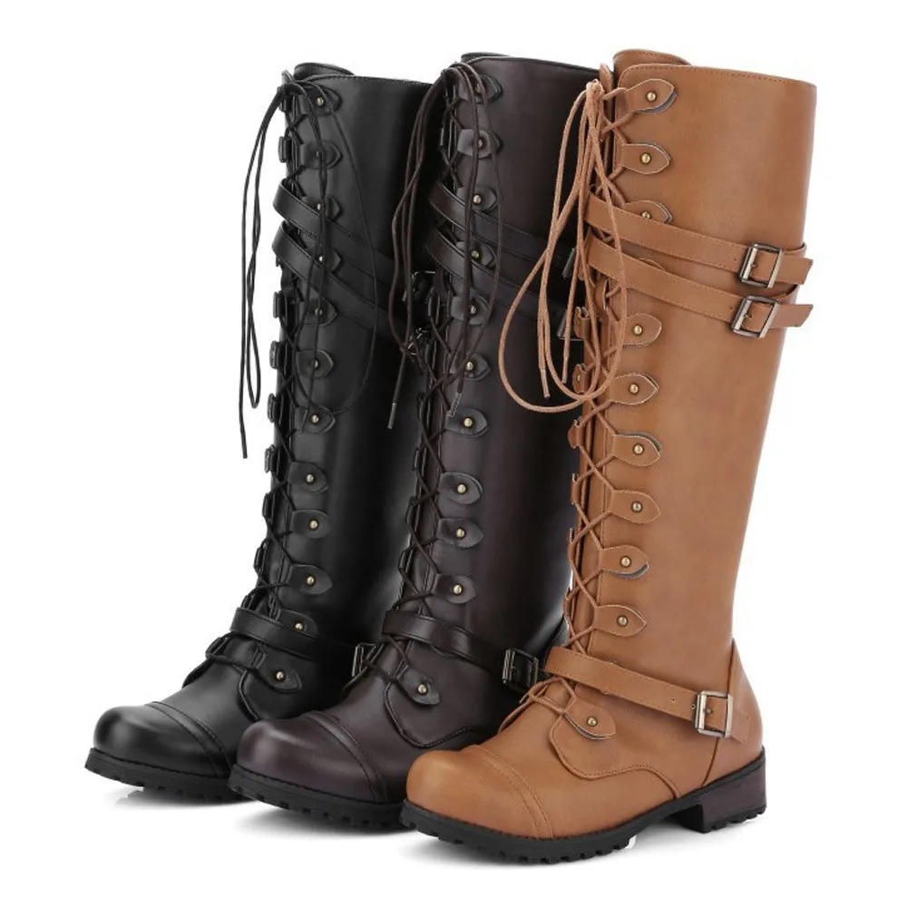 Knee High Boots Winter Women Shoes Retro Lace Up Bootie Botas Mujer Steampunk Gothic Boots Buckle Military Combat Boot A40