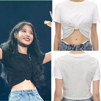 

2020 Spring Summer Women Bow Short Sleeve T-shirt with Contrast Stitching Cropped Top A2