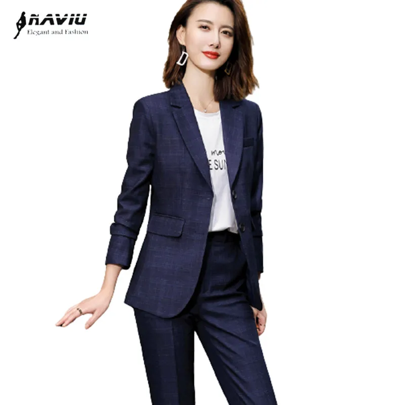 Navy Blue Plaid Suits Women Higt Eed Formal Interview Business Slim Blazer And Pants Office Ladies Fashion Work Wear Black 1
