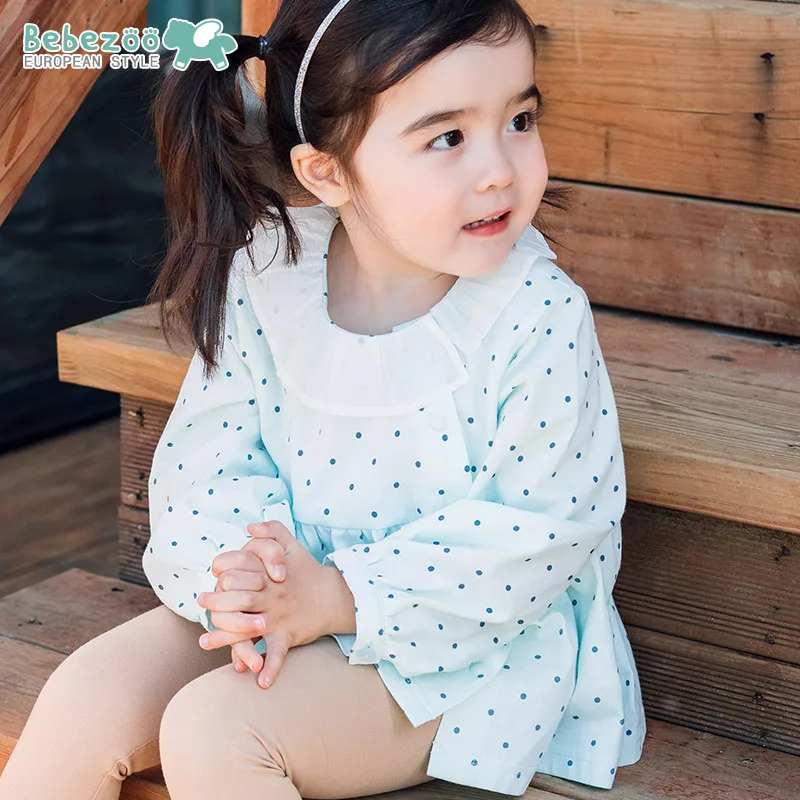 Bebezoo/Южная Корея; детская одежда; сезон весна; рубашка для девочек; воротник с оборками; полная версия; с принтом; свободная Детская рубашка; топы