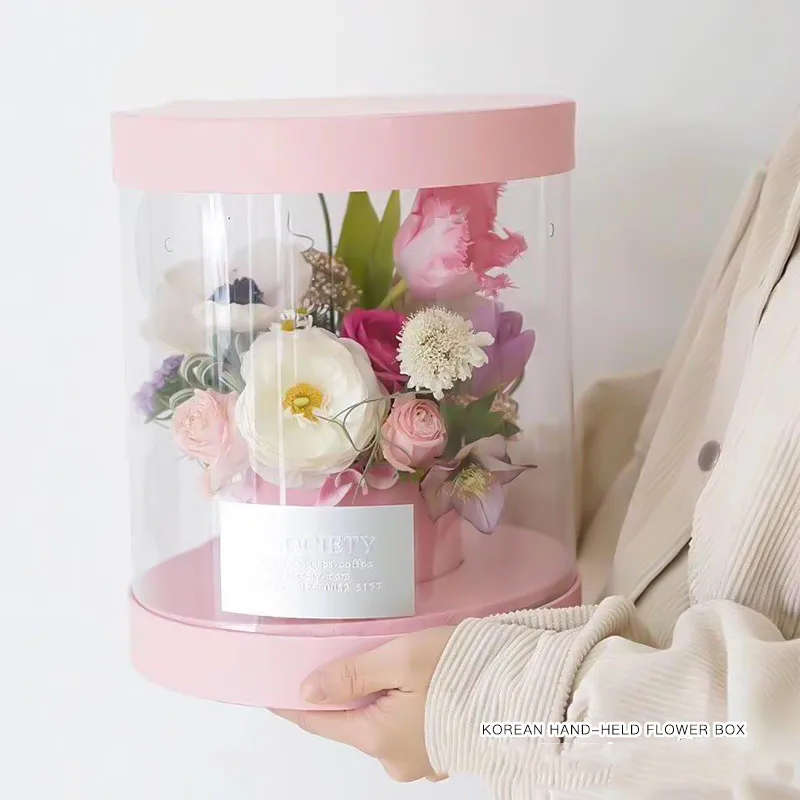 В Корейском стиле из прозрачного ПВХ с цветочным рисунком Коробки букетфлористическая упаковочной коробки круглая коробка для выпечки прозрачныйцветок подарочной коробке пыле выставки