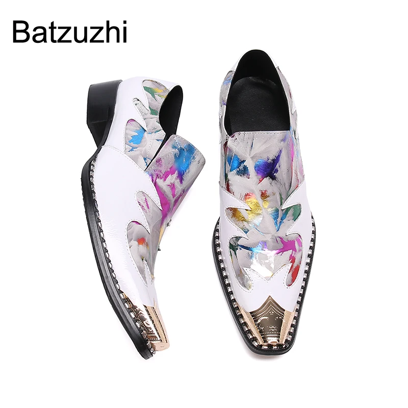 Batzuzhi New Fashion Men's Shoes Pointed Iron Toe Genuine Leather Dress Shoes Men Slip on White Party & Wedding Sepatu Pria