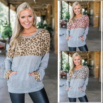 

2019 Women Loose Sweatshirt Round Neck Leopard Hoodie Sweatshirt Feminine Hoodies Long Sleeve Grey Autumn Sweatshirts Streetwear