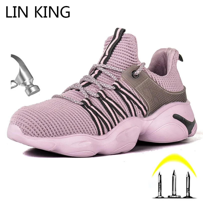 LIN KING Puncture Proof Safety Shoes For Women Steel Toe Protective Work Boots Lace Up Unisex Women Men Outdoor Casual Sneakers photo