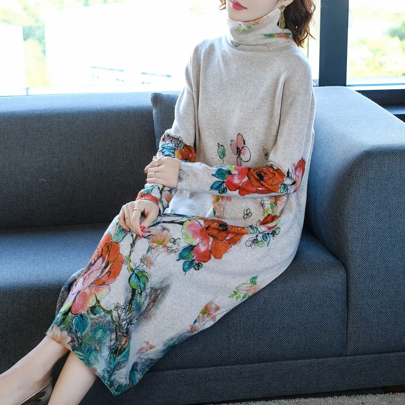 Fall Winter Vintage Women Turtleneck Long Sleeve Loose Floral Printed Cashmere Sweater Dress Woman Knitted Sweaters Dresses