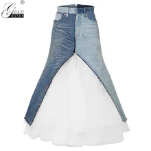Золотые стрелки Высокая талия хит цвет деним нерегулярные миди юбки модная повседневная сетка, пэчворк, для женщин юбка женская Лето Новинка