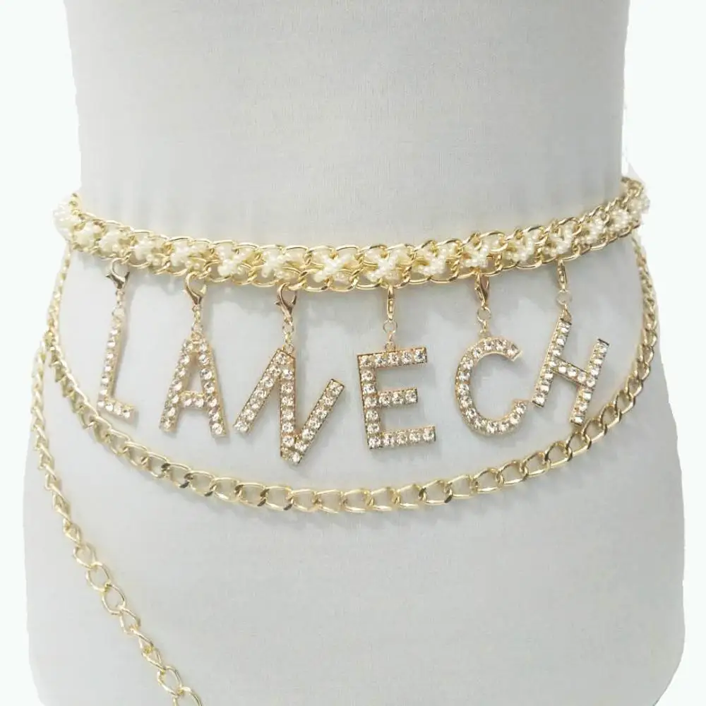 Full Rhinestone Body Chain Letter Waist Handmade Pearl Belts For Women Ladies Party Gifts LANECH Fashion Accessories | Украшения и