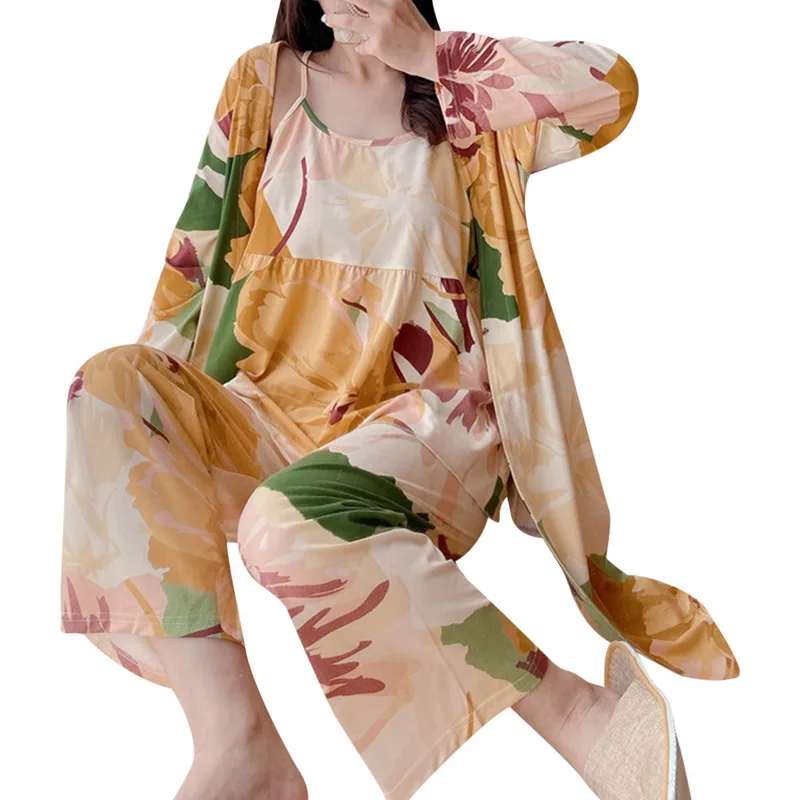 

3Pcs Soft Pajamas Set For Spring & Autumn Ladies Sleepwear Floral Printed Cardigans+Camisole+Pants Homewear Nightwear Sets