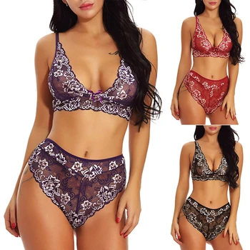 

Women Sexy Lace Floral Printed Underwear 2-piece Set Rimless Bra + Briefs Suit