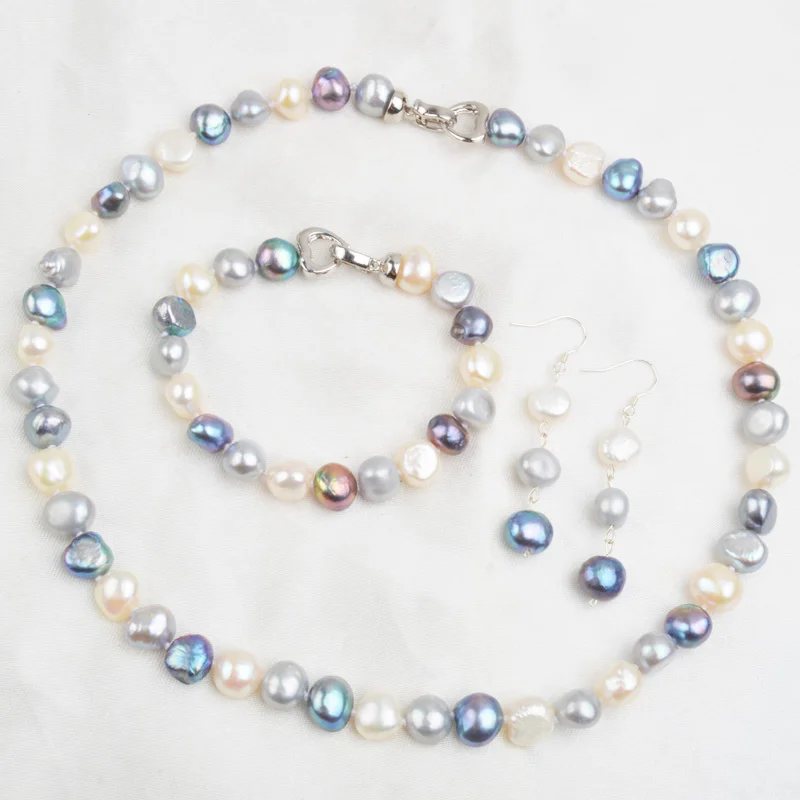 Многоцветный ASHIQI из натурального барочного жемчуга комплекты украшений для женщин 9-10 мм пресноводный жемчуг NE+ BR+ EA - Цвет камня: Многоцветный