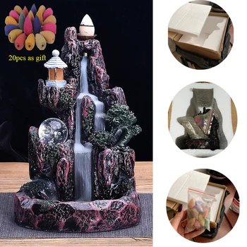 

New Backflow Incense Burner Holder High Mountain Waterfall No LED With 20 Pcs Incense Cones Home