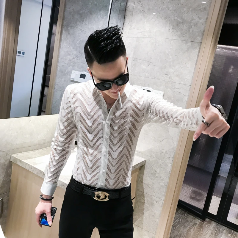 Stitching Striped Shirt Summer Men Transparent Lace Cutout Shirt