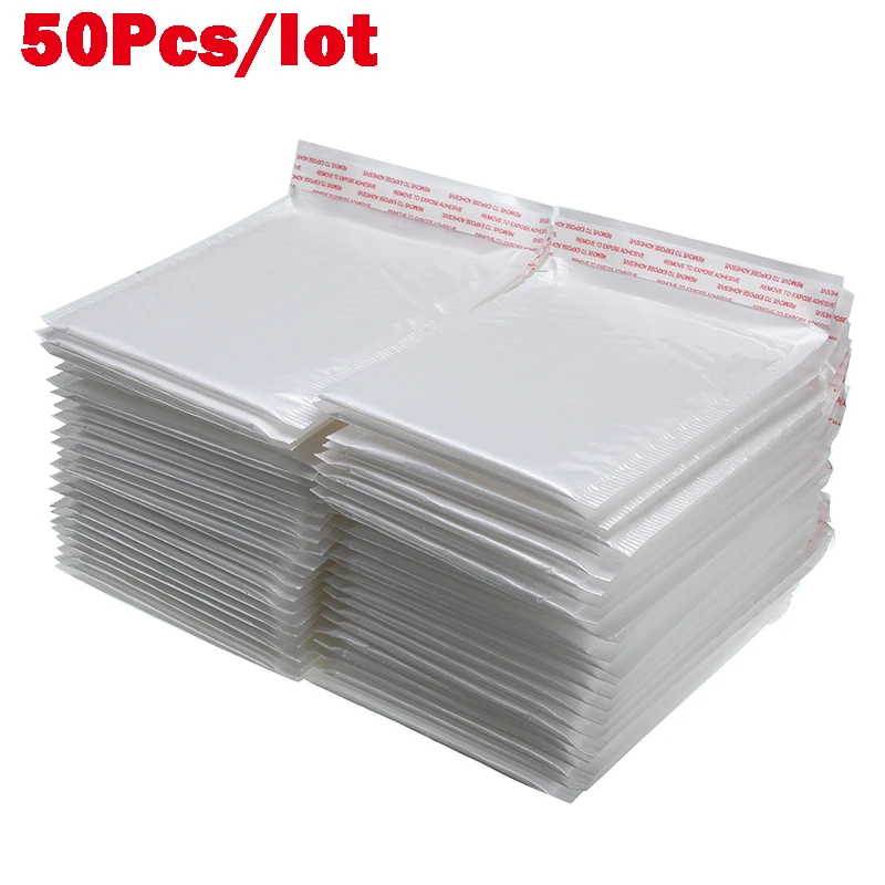 Bolsas tipo sobre de espuma blanca para correo, paquetes de envío acolchados y autosellados con bolsa de burbujas, lote de 50 unidades