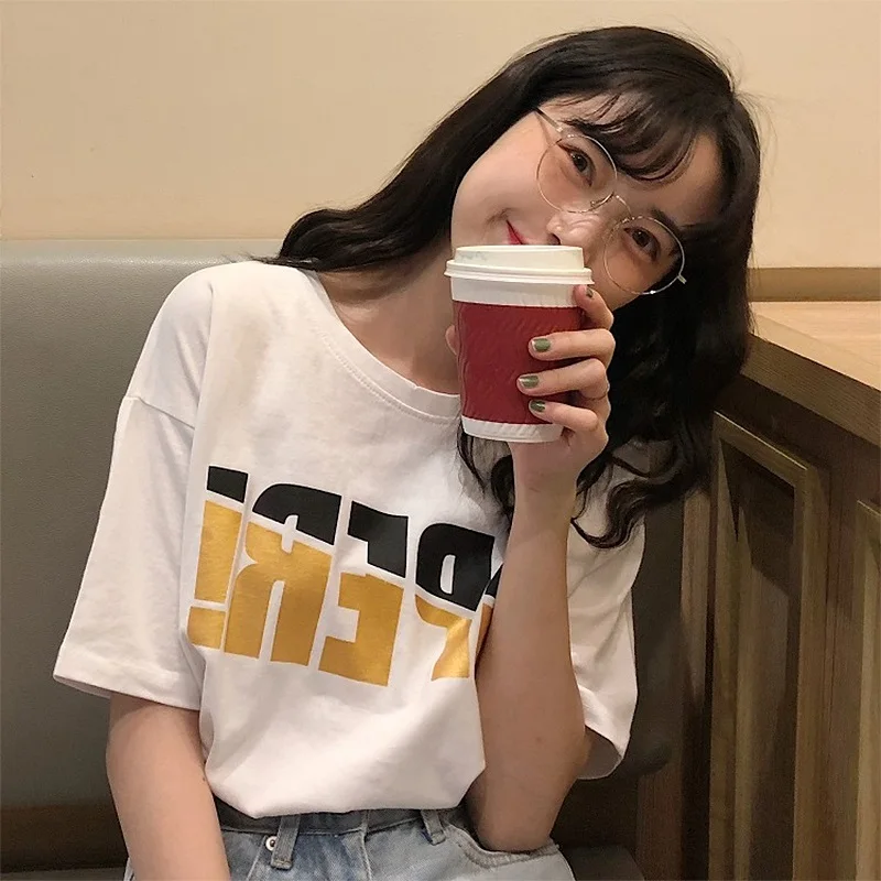 Женские футболки с буквенным принтом Harajuku Повседневная дышащая простая футболка