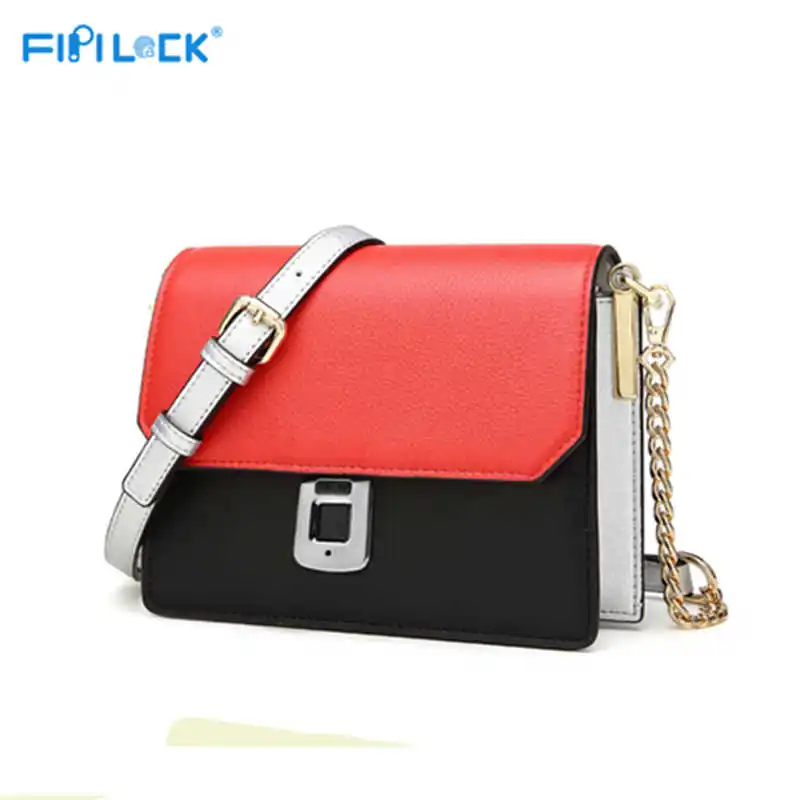 Fipilock FL-V14 отпечаток пальца женская сумка-мессенджер из искусственной кожи Смарт Keyless сумка через плечо женская Противоугонная сумочка кошельки - Цвет: black with red