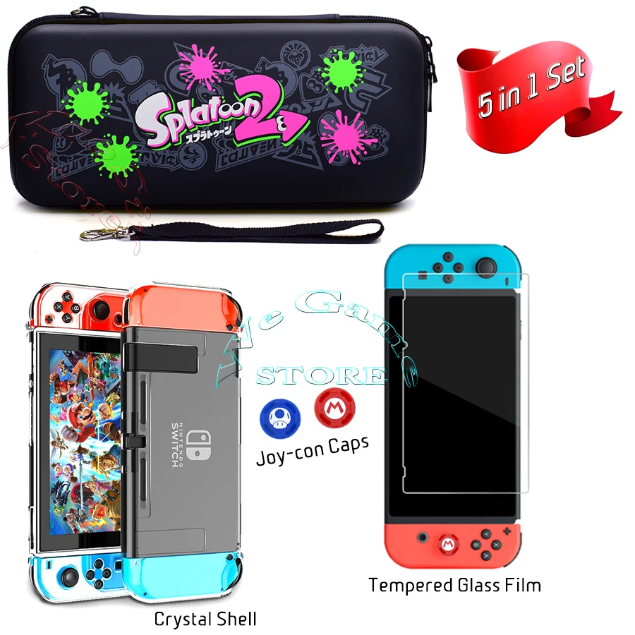 Nintendos Case Nintend Switch Travel Carry Bag+ Screen Glass Film& Crystal Hard Shell+ 2 Silicone Cap for NS Nintendoswitch