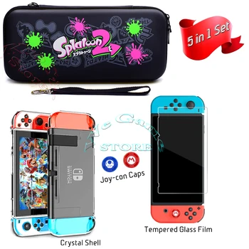 

Nintendos Case Nintend Switch Travel Carry Bag + Screen Glass Film & Crystal Hard Shell + 2 Silicone Cap for NS Nintendoswitch