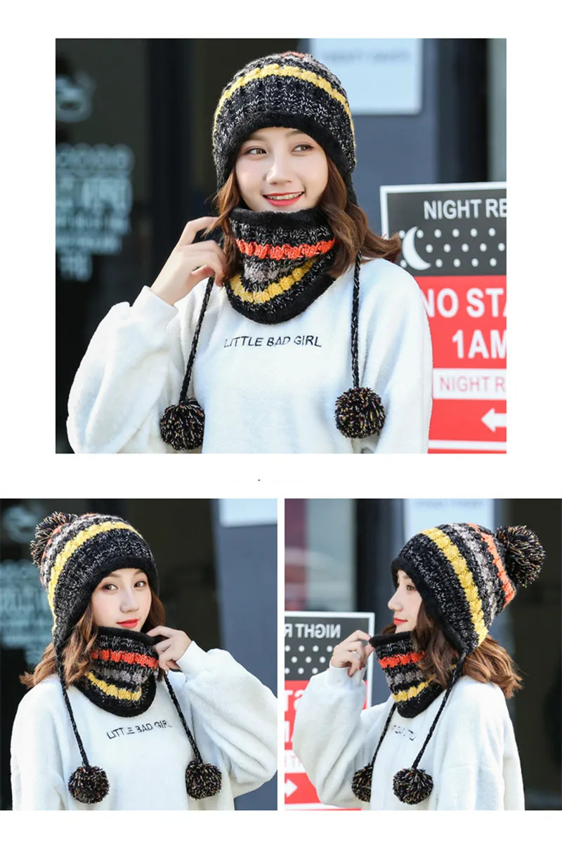 Новинка, теплая вязаная шапка, шарф, набор, для женщин, Pom Poms Beanie, шапка для зимы и осени, маска для шеи, шапка для девочек, Балаклава, Sacrf Skullies, шапки