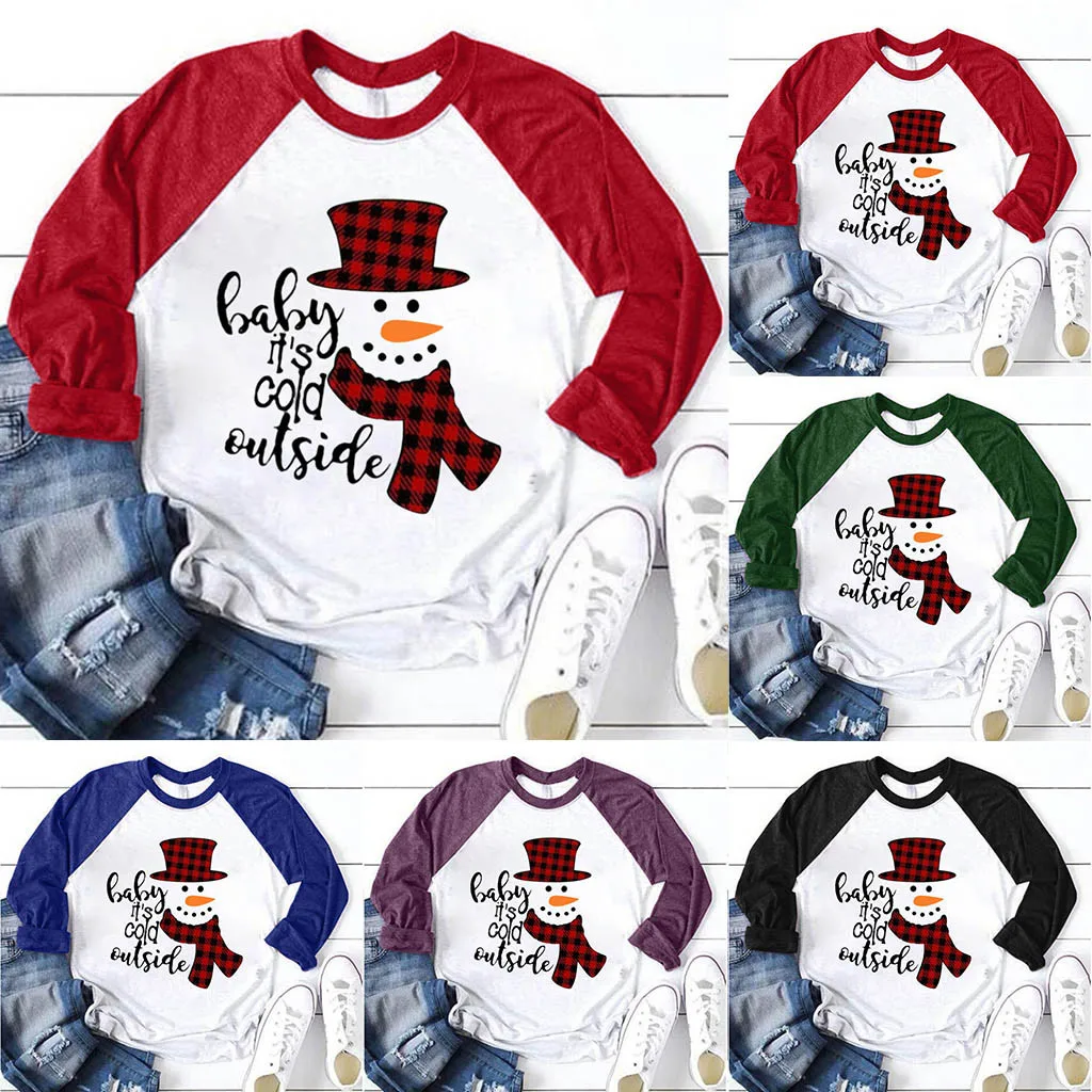 Женская рождественская футболка со снеговиком,, Рождественская, новогодняя, Рождественская футболка, пуловер, топы, повседневные женские Лоскутные футболки, Mujer