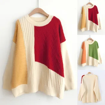 

Fashion winter loose sweater womens sweaters Women Fashion O-Neck Colorblock Pacthwork Long Sleeve Sweaters Shirts Y916